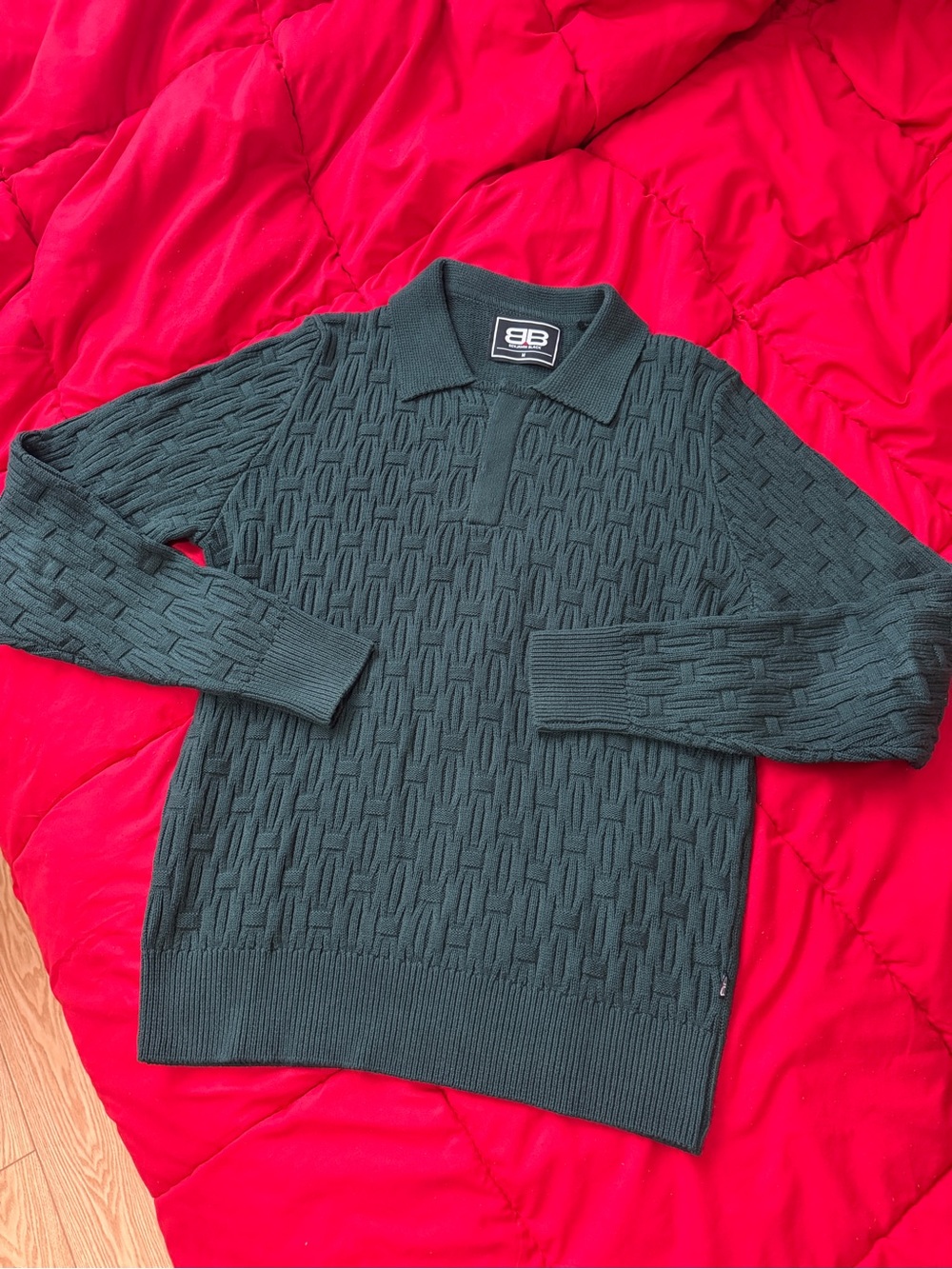 Textured Knit Polo Sweater - Dark Green